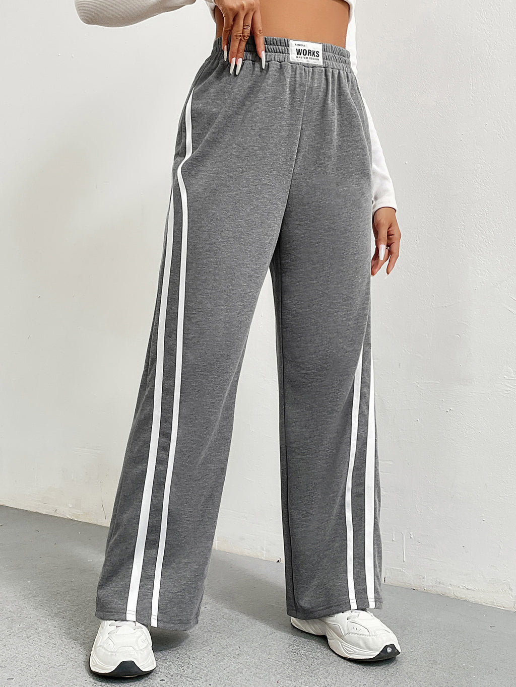 Sports Pants Women Spring Autumn High Waist Drooping Loose Straight Casual Sweatpants Striped Stitching Wide Leg Pants - ALZO