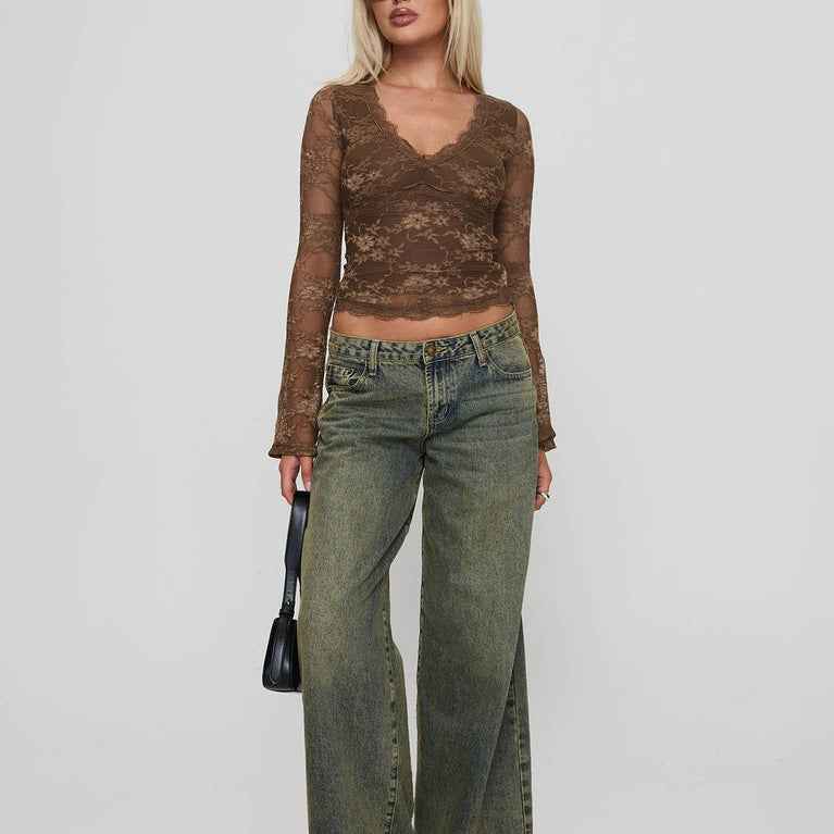 See through Bottoming Shirt Sexy Skinny Short Deep V Plunge Long Sleeve Lace Top