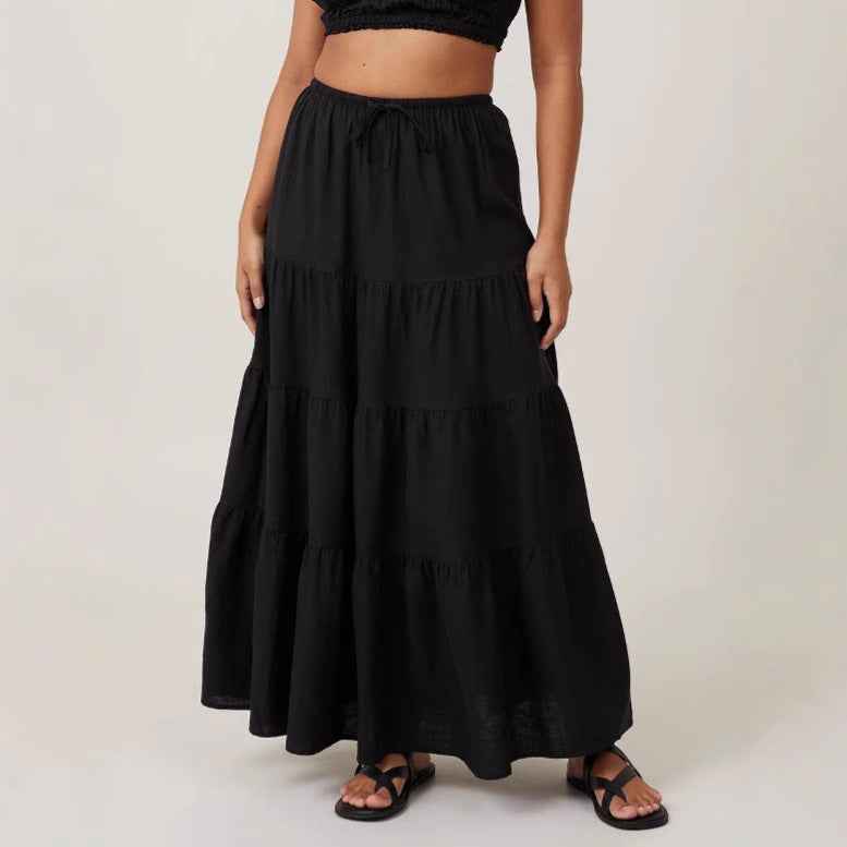 Women Clothing Cotton Skirt High Waist Elastic Lace up Large Swing Skirt Loose Patchwork Maxi Women