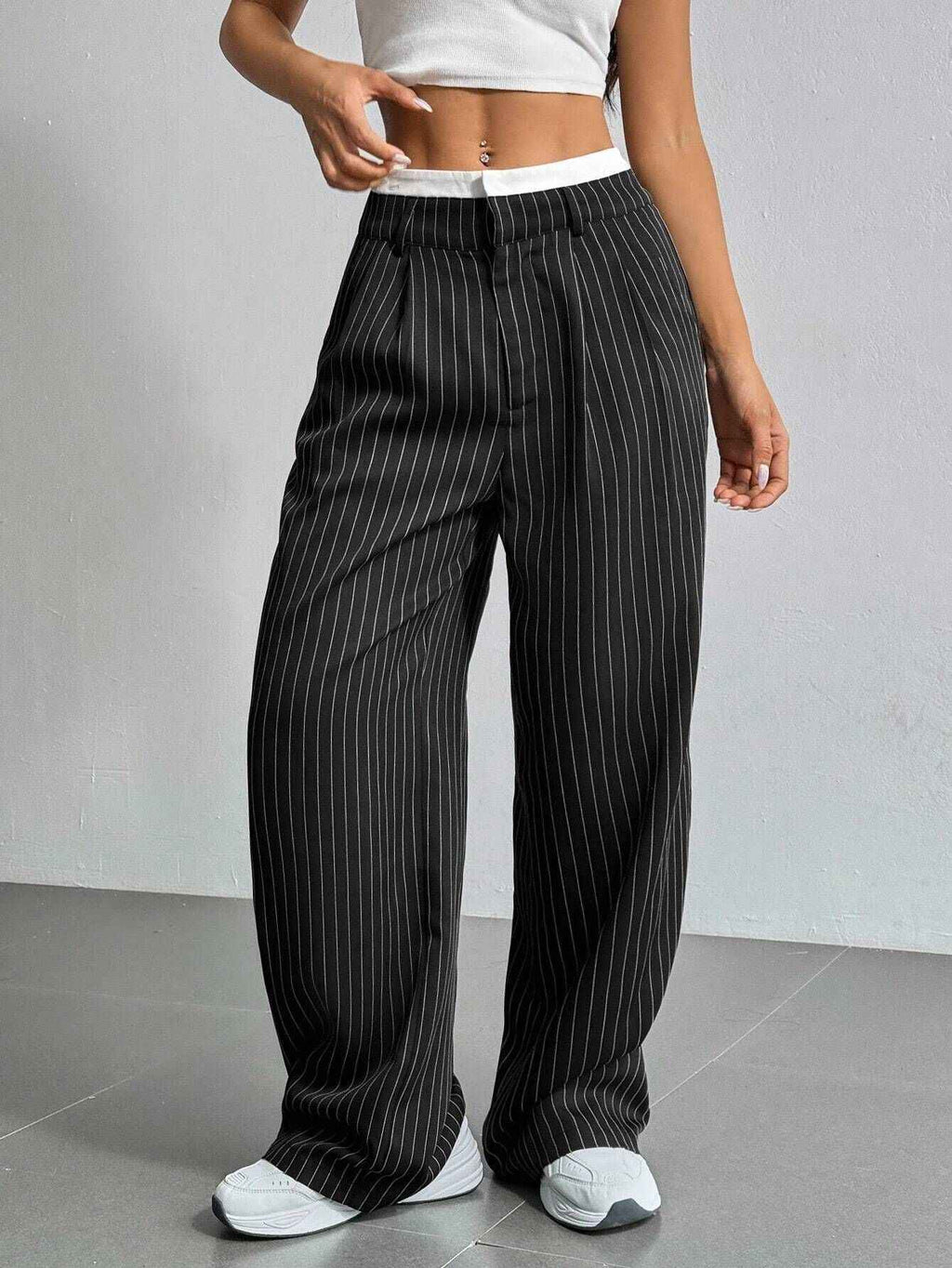 Autumn Winter Casual High Waist Stitching Work Pant Simple Loose Drooping Straight Leg Pants