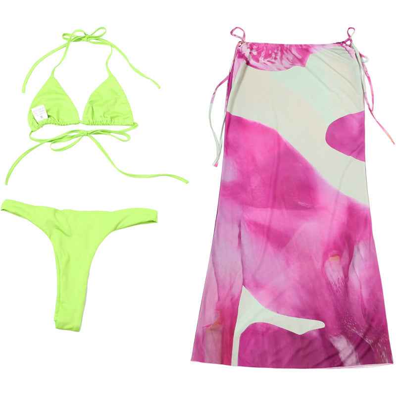 Spring Summer Women Sexy Lacing Bikini Printed Dress Three Piece Sets