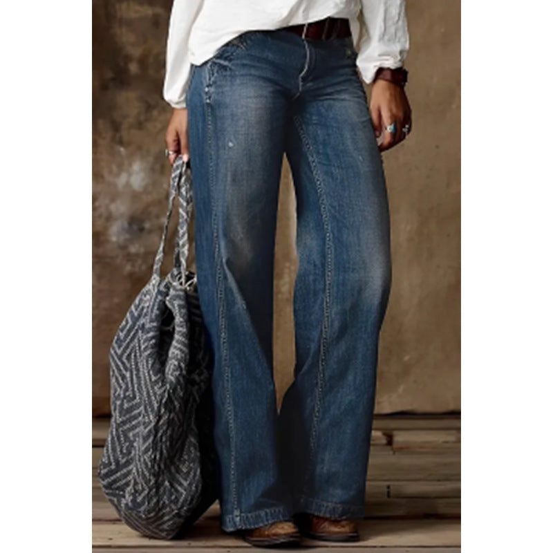 Retro Casual Straight Wide Leg Women Jeans - ALZO