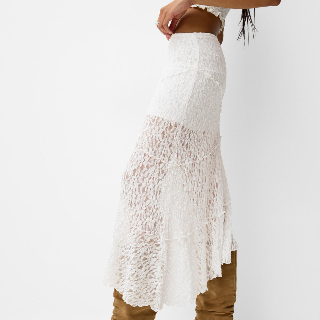 Elegant Women Lace Skirt Hollow Out Cutout Skirt Irregular Asymmetric Jacquard Long Skirt - ALZO