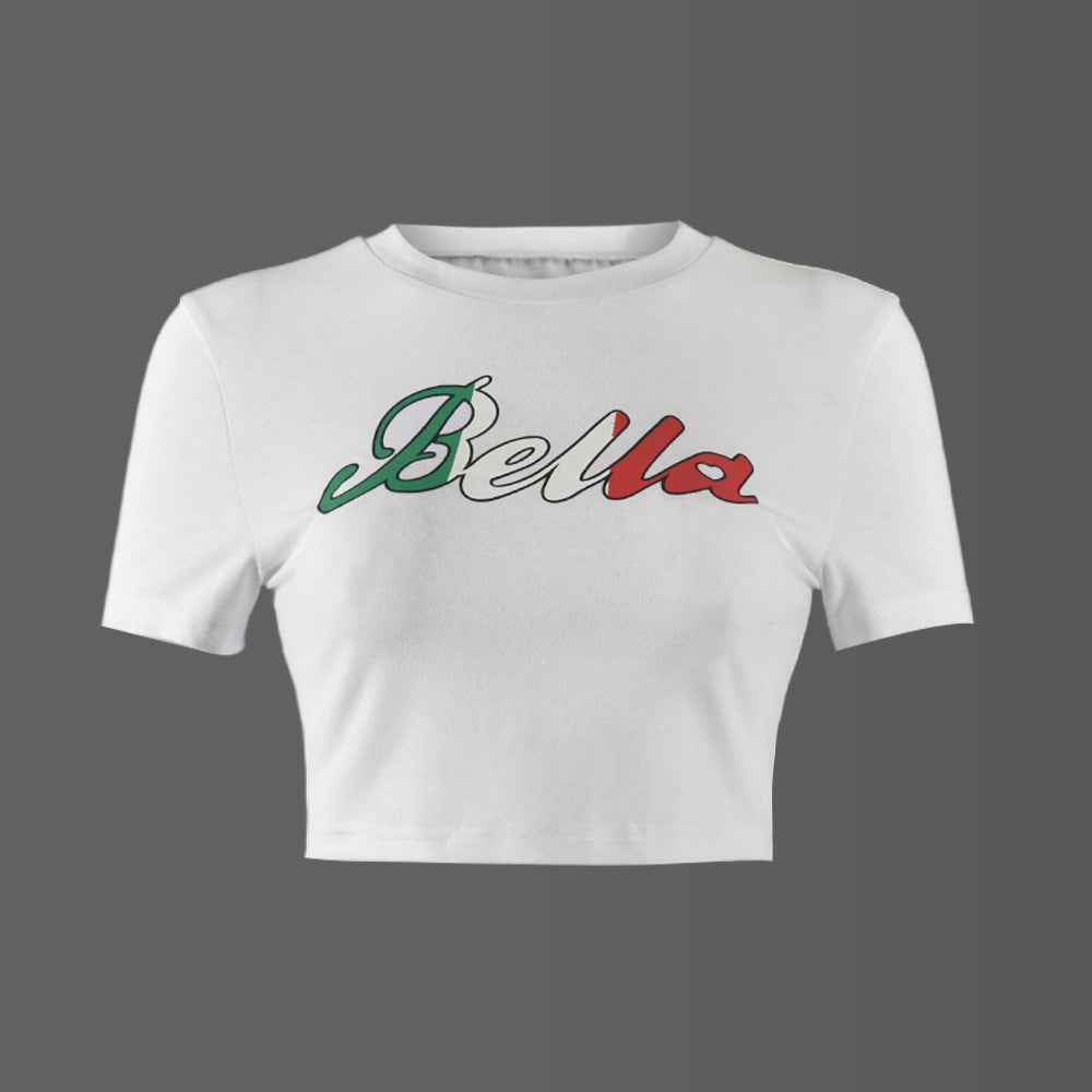 Summer Women Sexy Cropped Outfit Adhesive Cement Letter Graphic Short Sleeve T shirt Women