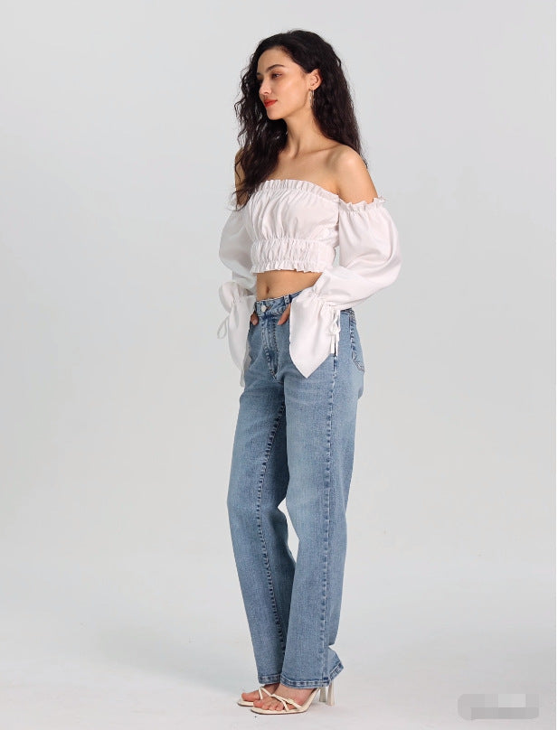 Trendy Micro Elastic Denim Trousers Women Straight Simple High Waist Trousers - ALZO