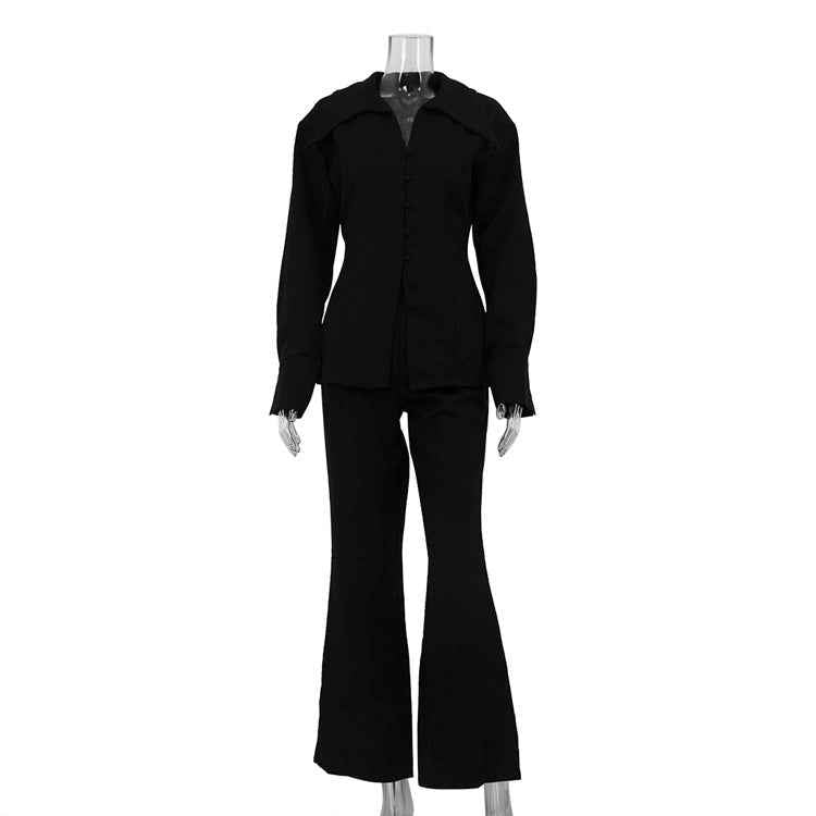 Black Sets Women Collared Long Sleeve Slim Jacket Casual Pants Office Two Piece Sets