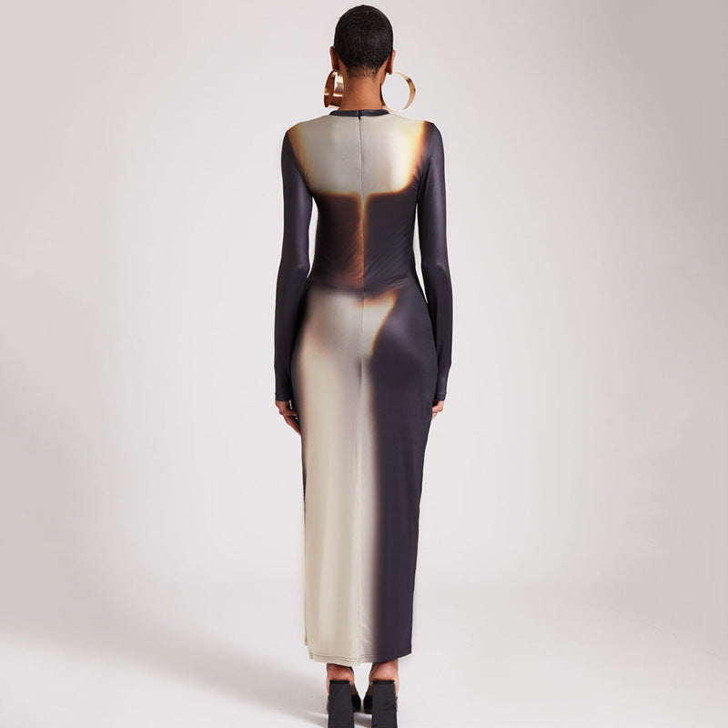 Women Clothing Autumn round Neck Long Sleeved Dress Sexy Tight Split Maxi Dress - ALZO