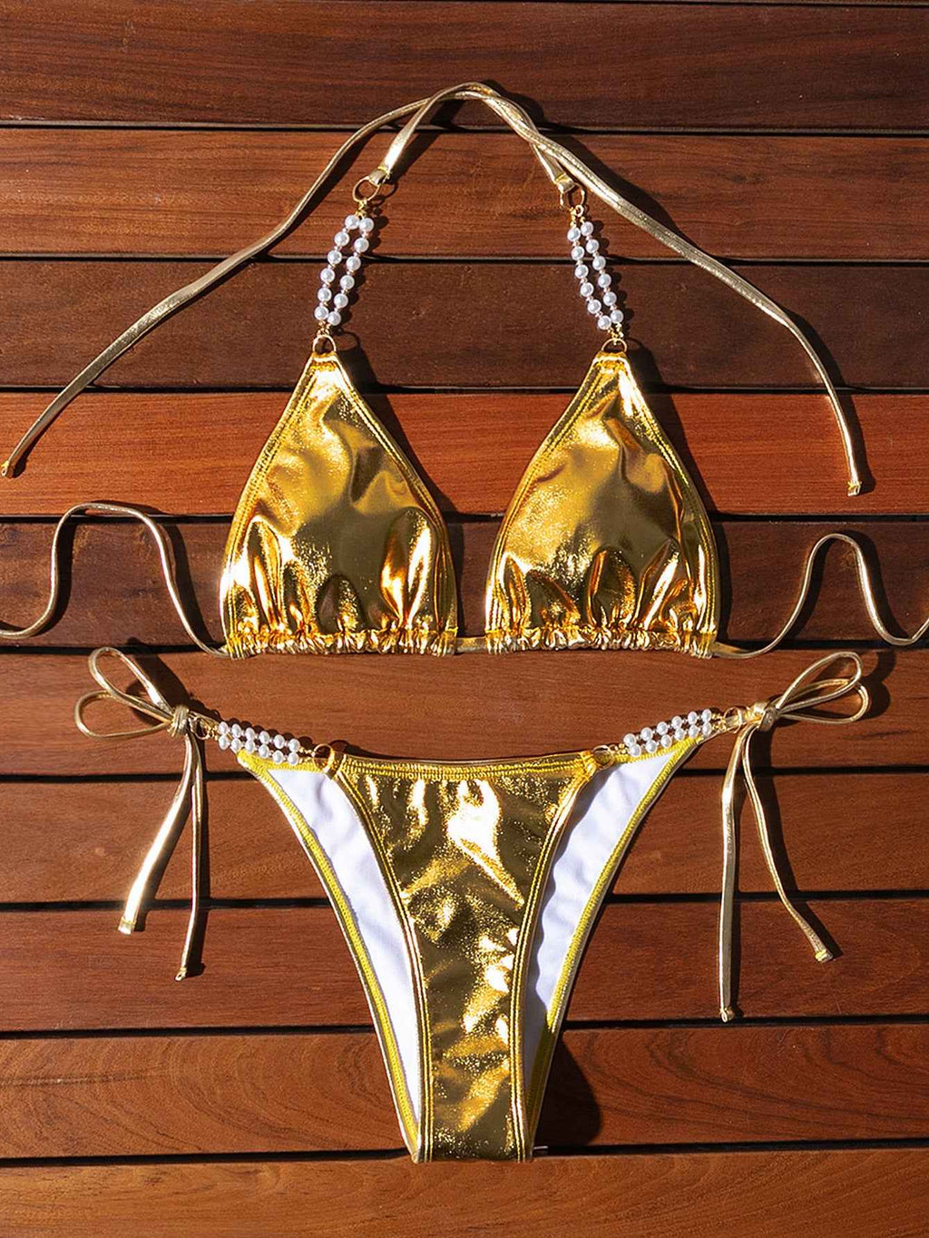 Swimsuit Women Sexy Backless Halter Lace up Bikini Golden Swimsuit