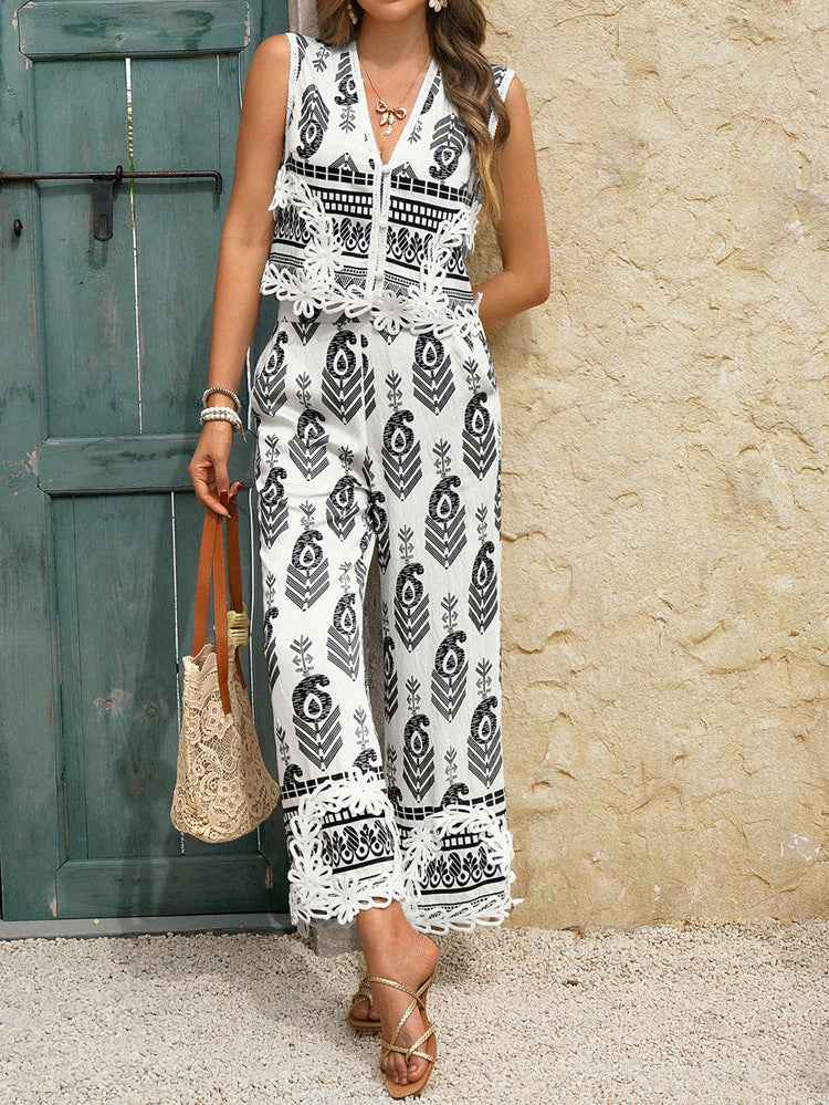 Spring Summer Casual Vacation Bohemian Print Contrast Color Waistcoat Top Long Pants Set Women Clothing