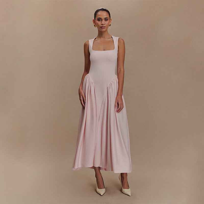 Spring French Pink Strap Dress Elegant Large Swing Dress Square Collar
