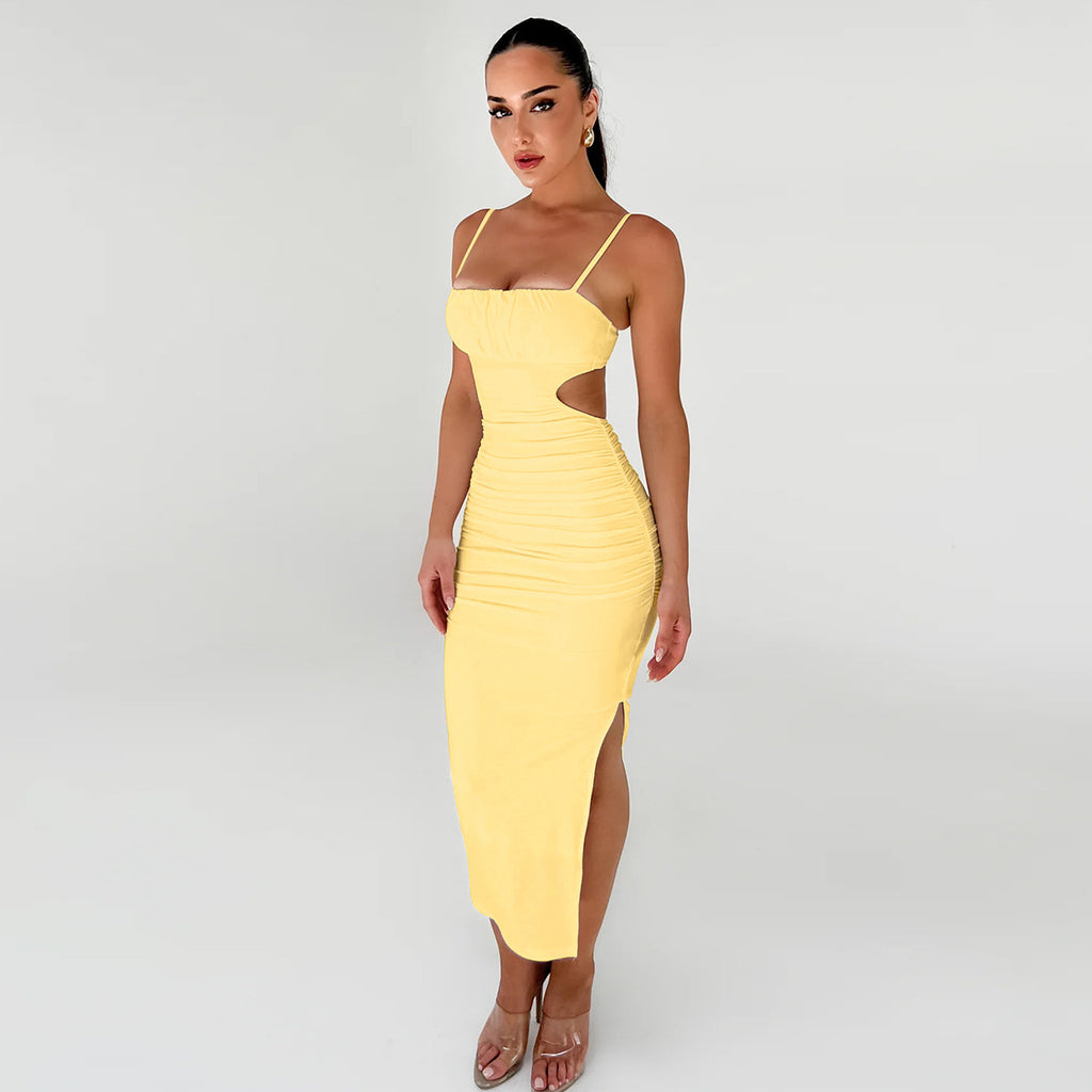 Women Cami Dress Sexy Backless Ruffle Hip Side Slit Maxi Dress - ALZO