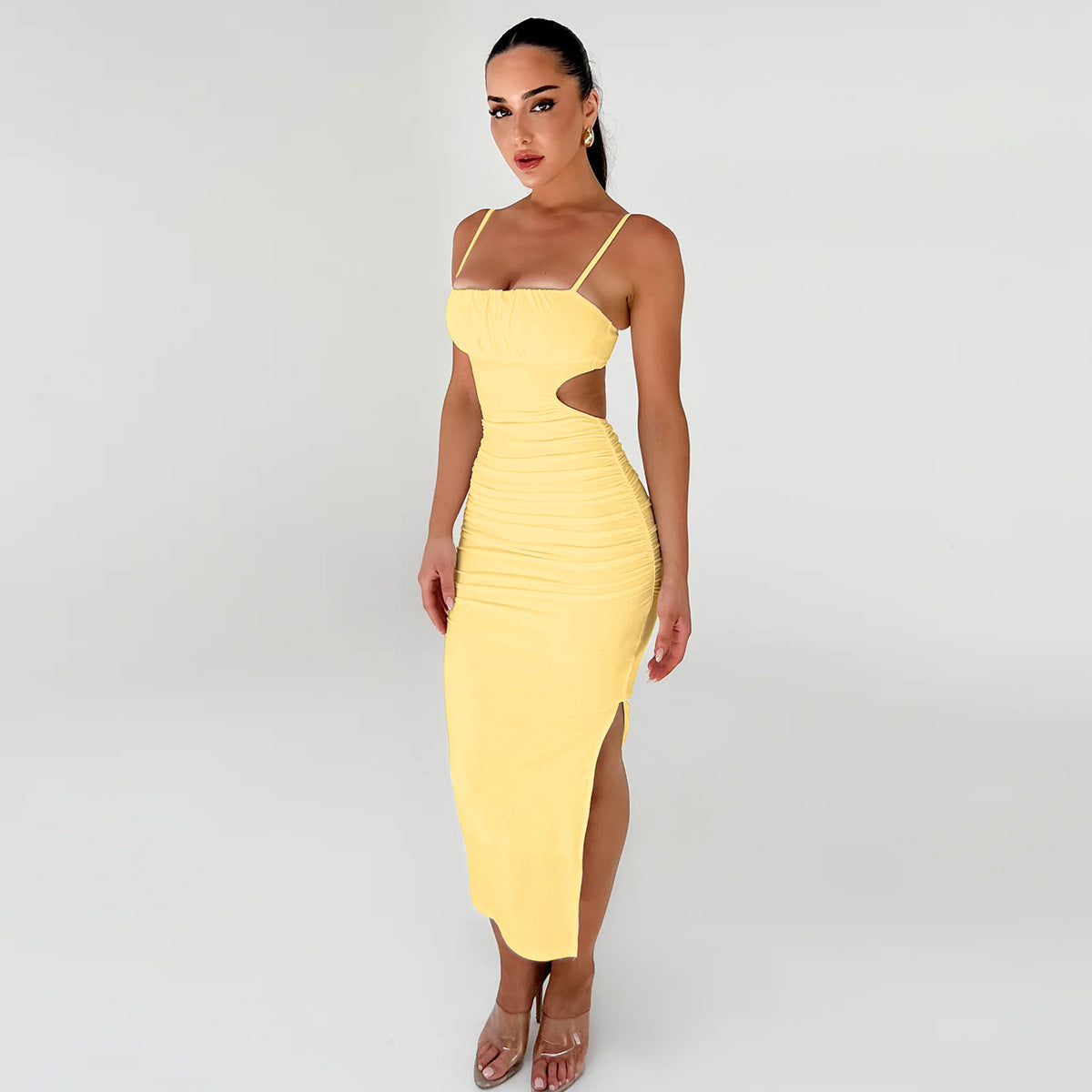 Women Cami Dress Sexy Backless Ruffle Hip Side Slit Maxi Dress - ALZO