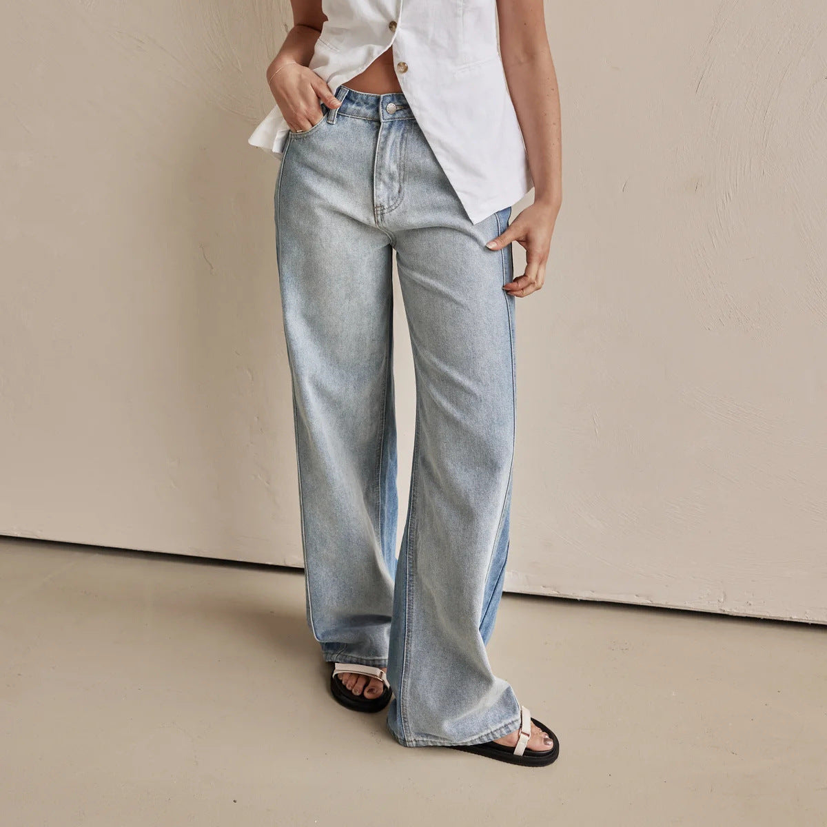 Women Jeans Wide Leg Pants Street Washed Polo Jeans - ALZO