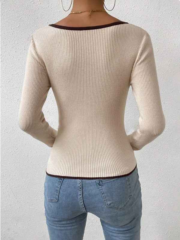 Spring Autumn Hemming V neck Sweater Women Clothing Vertical Pattern Sunken Stripe Slim Fit Slimming Bottoming Shirt