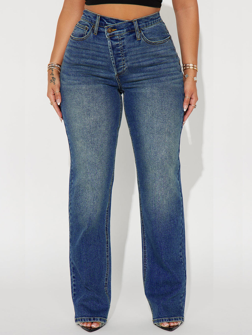 Women Clothing Oblique High Waist Pencil Pants Crossover Straight Leg Stretch Denim Straight - ALZO