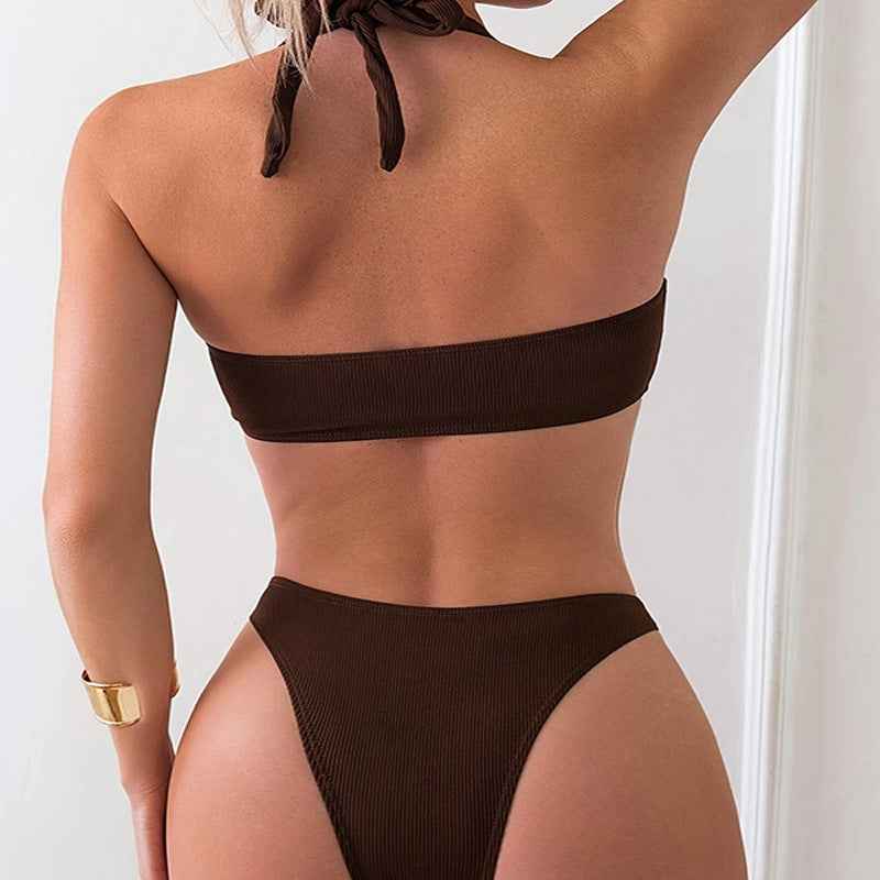Halter Lace up Sexy Bikini Split Swimsuit Women Sexy Spring Beach Swimsuit