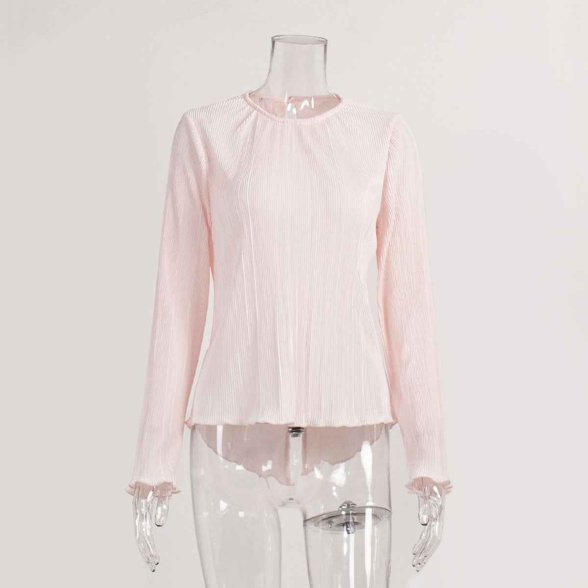Pleated Shirt Women Summer Elegance Slim Fit Flared Sleeves Back Lace up Short Shirt