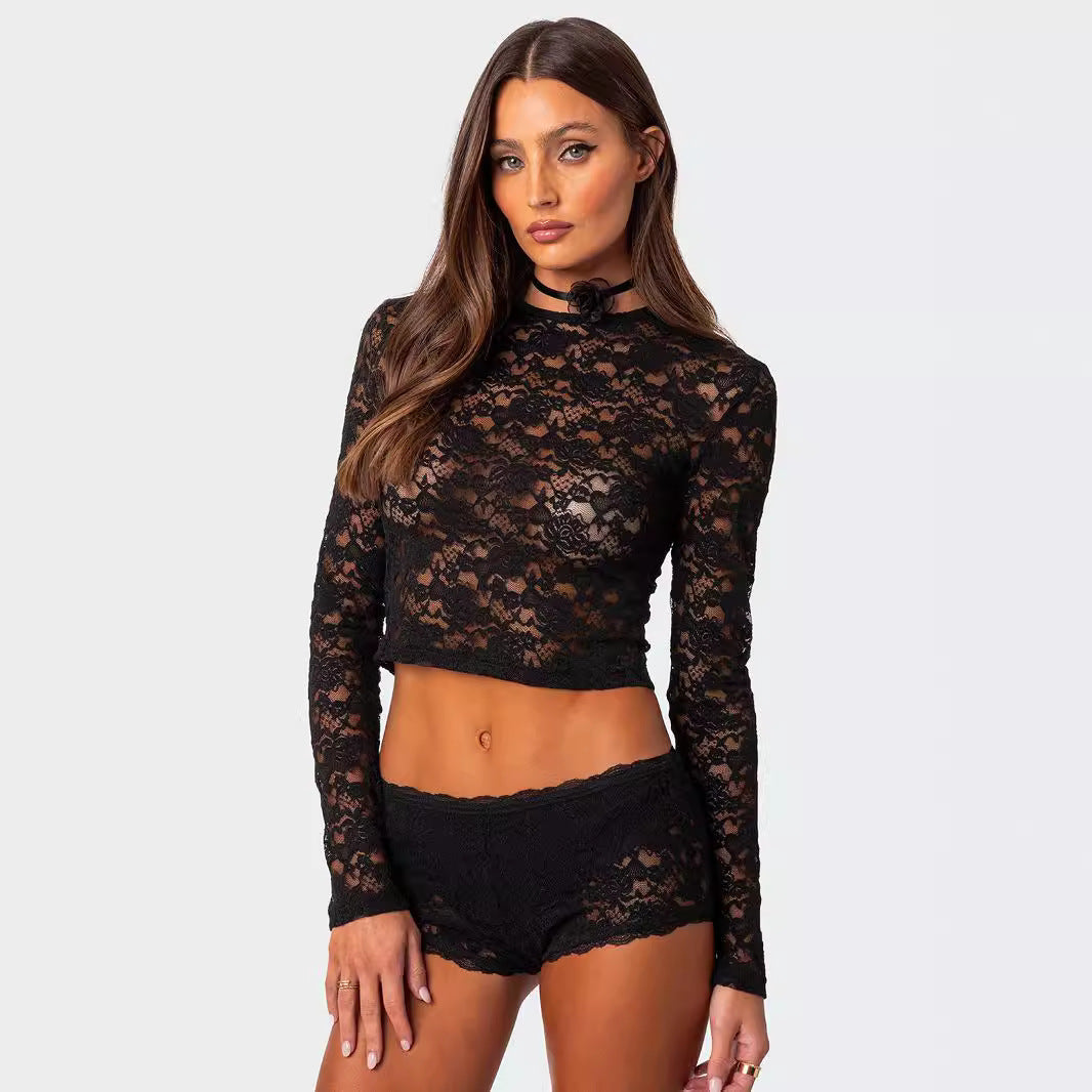 Private Clothes Sexy Lace Short Top Sexy Beautiful Slim Fit Long Sleeve T Shirt Women Summer - ALZO