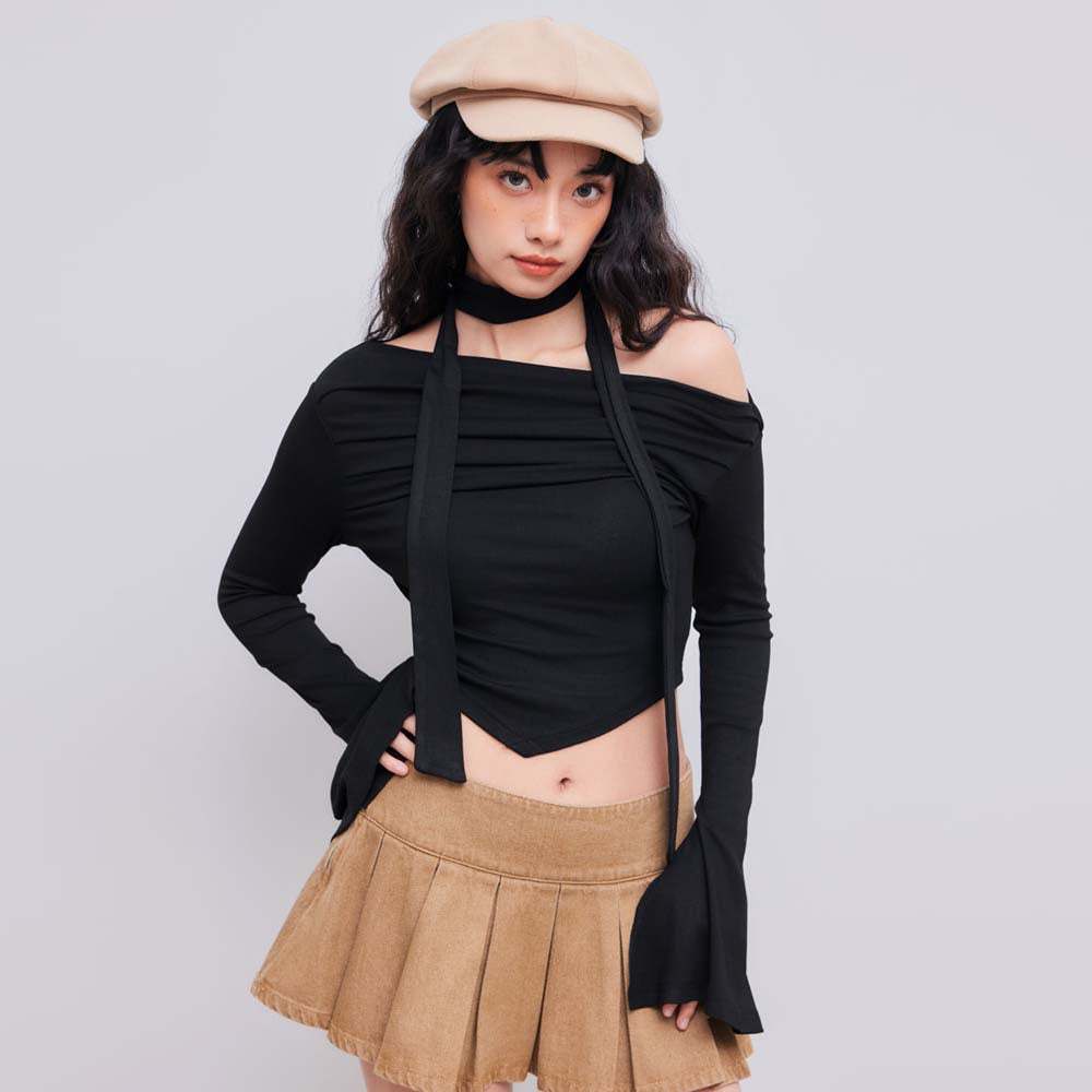 Sweet Spicy Sexy T shirt Autumn Winter Boat Collar off the Shoulder Design Short Top - ALZO