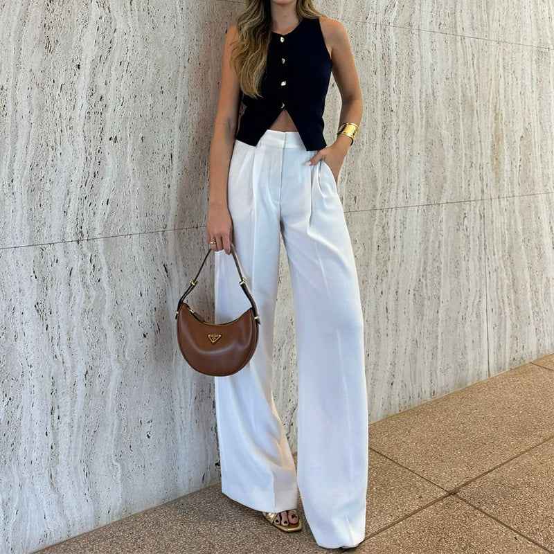 Spring Summer Ladies All Match Solid Color Loose Wide Leg Straight Trousers