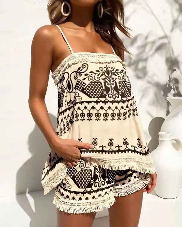 Summer Women Clothing Printed Sexy Sling Tassel Set