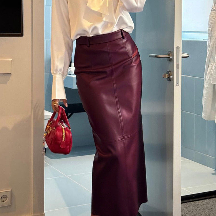 Women Clothing High Waist Split Skirt Women Faux Leather Wine Red Long Sheath Skirt - ALZO
