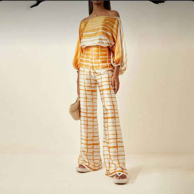 Women Clothing Loose Batwing Sleeve Top Wide Leg Trousers Two Piece Suit