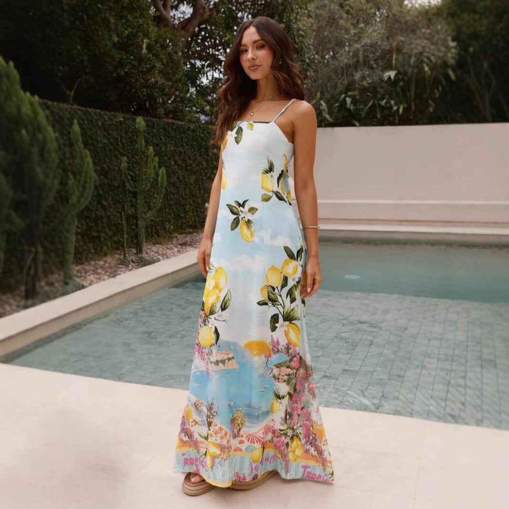 Summer Positioning Printing French Elegant Strap Dress for Women Dress