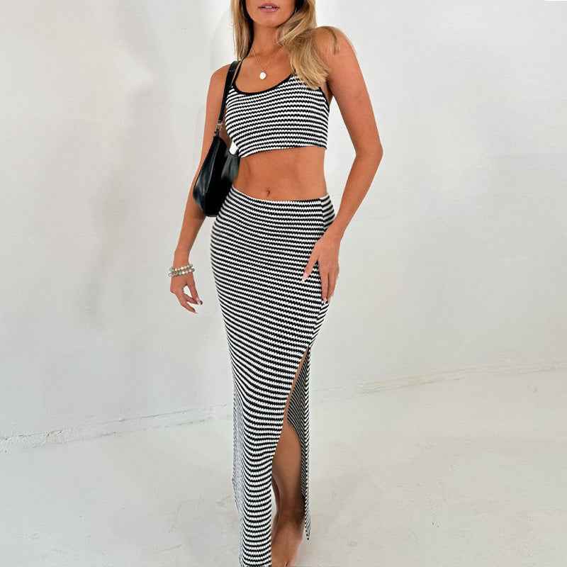 Women Black White Striped Knitted Sexy Two Piece Sets Sleeveless Vest Slim Fit