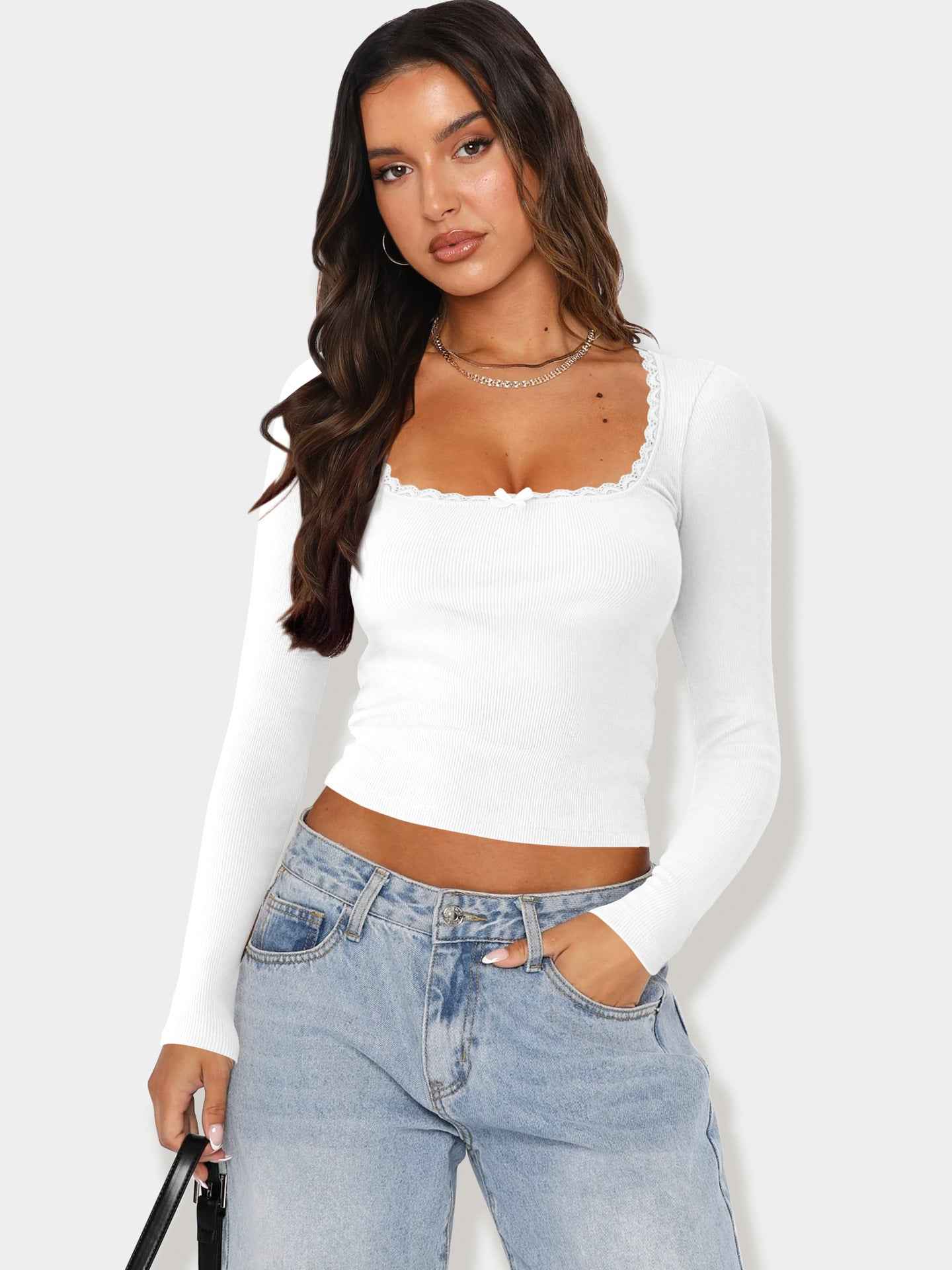 Long Sleeved T Shirt Women Brand Slimming Slim Lace Stitching Sexy Top U Neck Bottoming Shirt