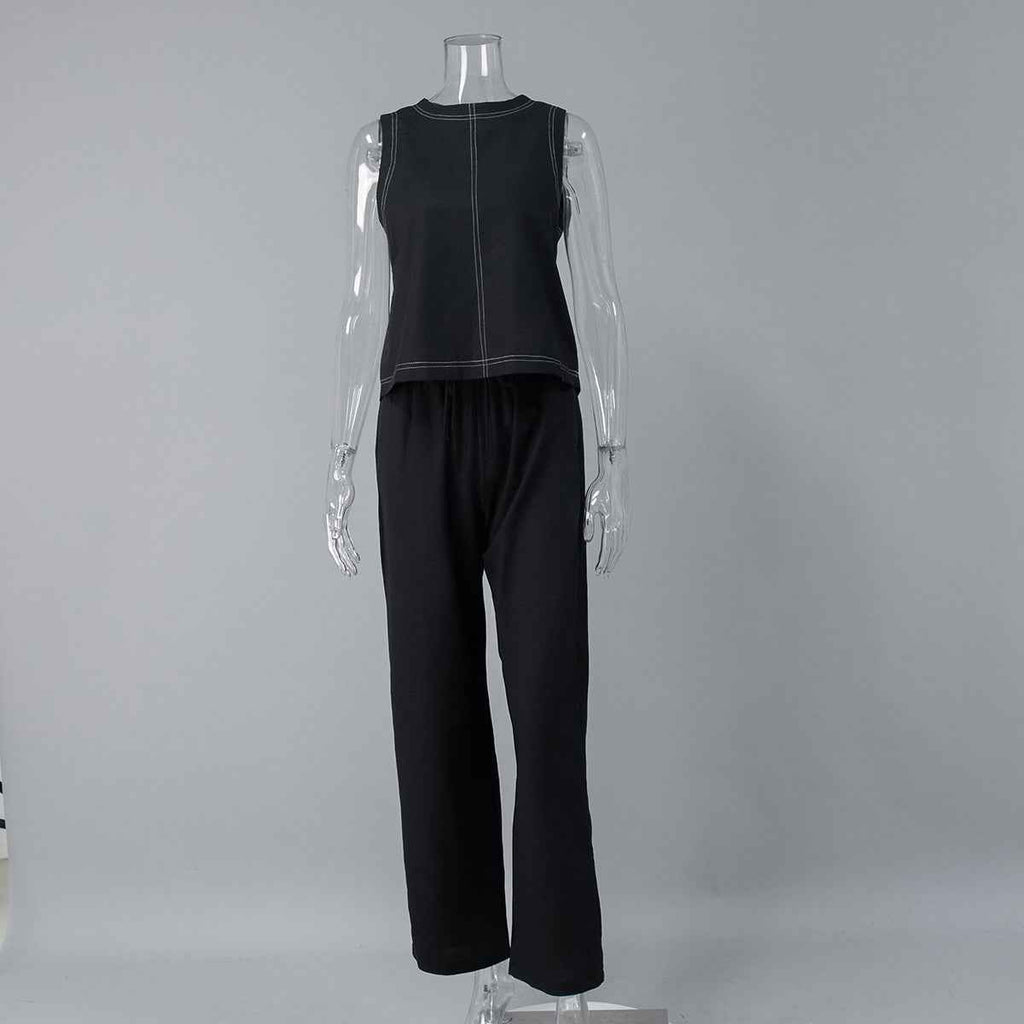 Cotton Linen Vest Pants Set Spring Summer Wide Leg Pants Sleeveless Vest Casual Set Women
