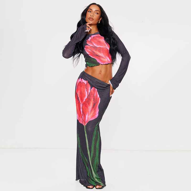 Women Summer round Neck Long Sleeves Cropped Top Half Length Skirt Printing Sets