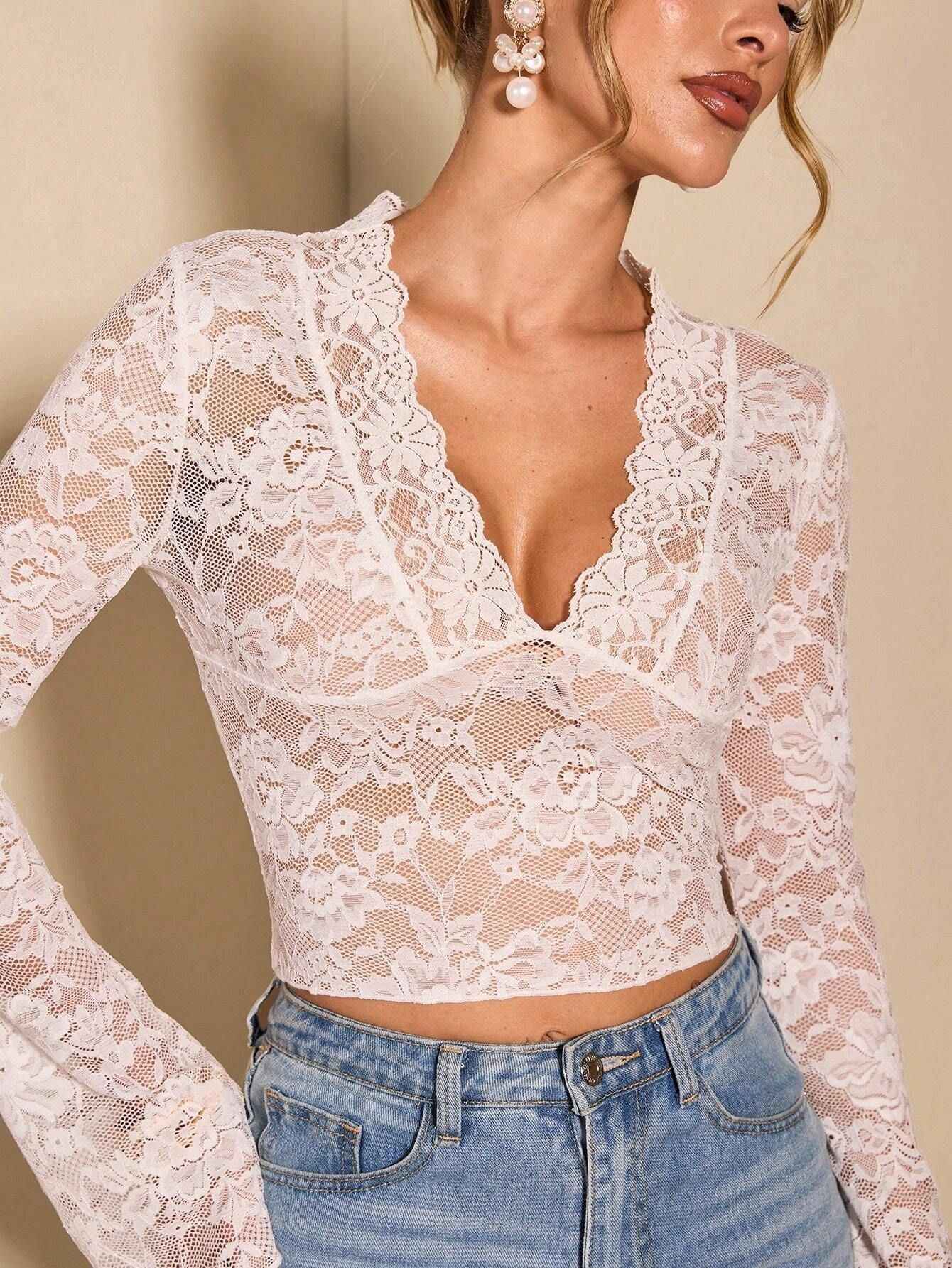 Women Solid Color Sexy Transparent Lace V neck Tight Flared Long Sleeve Top