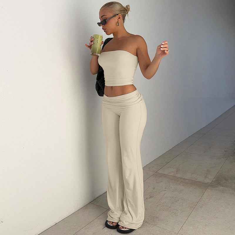 Women Clothing Autumn Solid Color Tube Top Top Flared Pants Slim Fit Suit Women