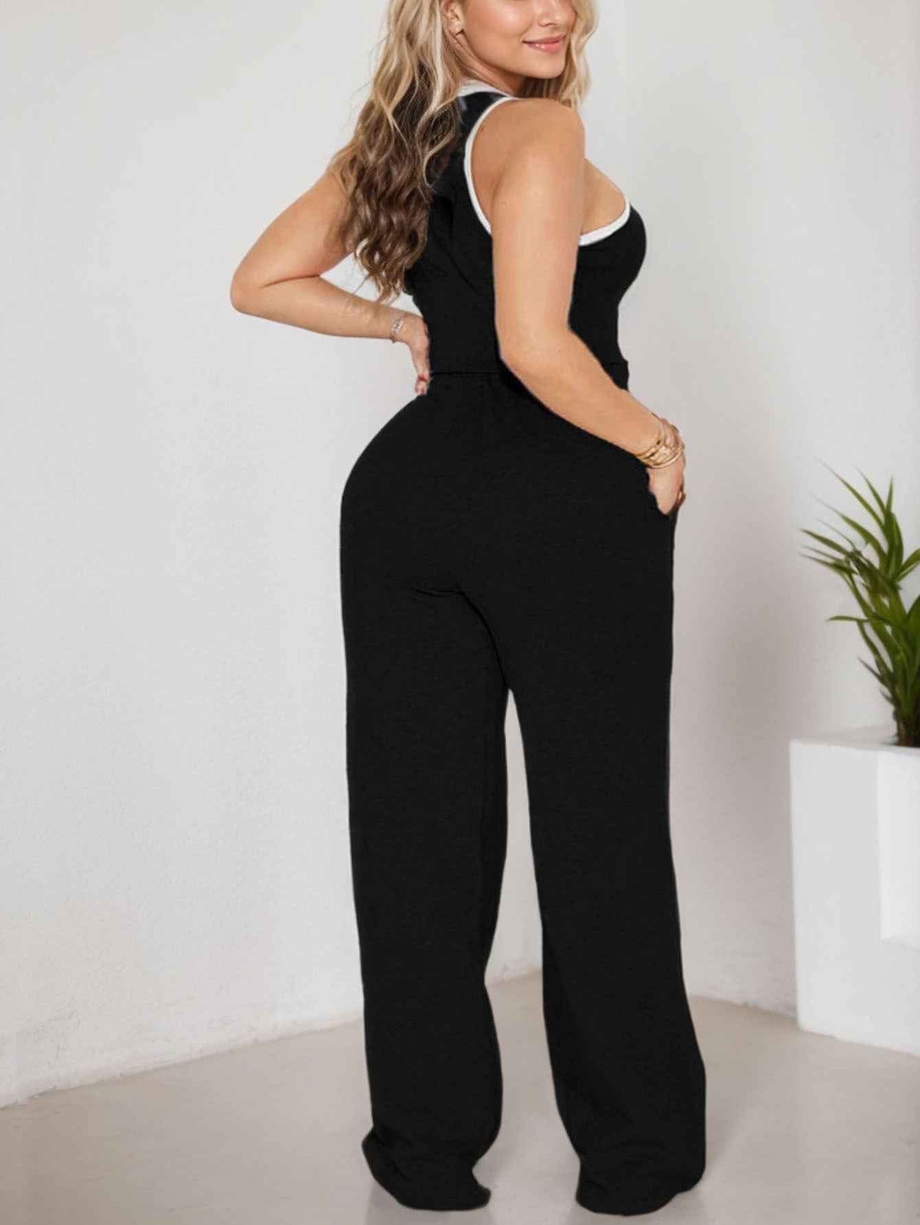 Women Clothing Casual Slim Fit Ribbon Stitching Vest Casual Wide Leg Pants Two Piece Sets Sports Women Clothing