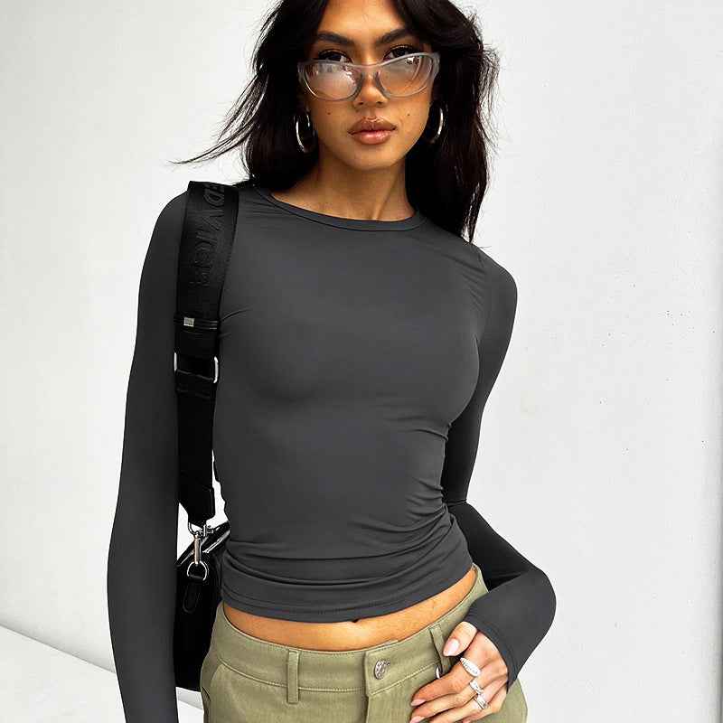 Women Clothing Spring Solid Color round Neck Long Sleeve Basic Top
