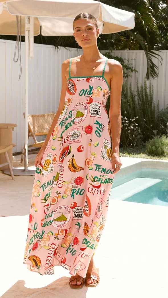 Summer Printed High Waist Seaside Holiday Casual Swing Dress Long Dress