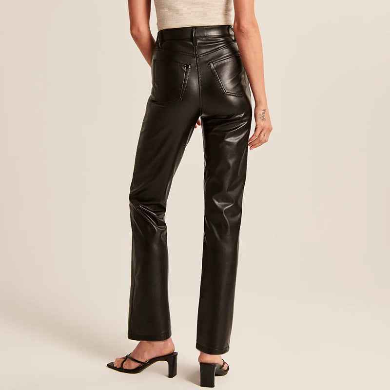 Autumn Winter Straight Leather Pants Women Long Casual Low Waist Faux Leather Women Pants Trousers