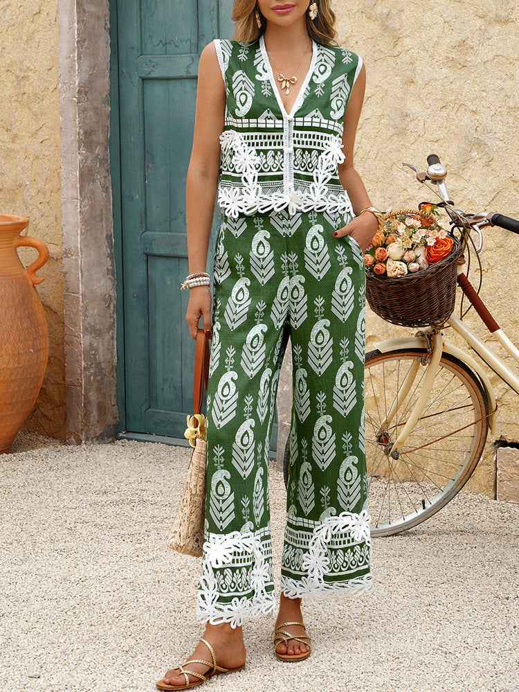 Spring Summer Casual Vacation Bohemian Print Contrast Color Waistcoat Top Long Pants Set Women Clothing