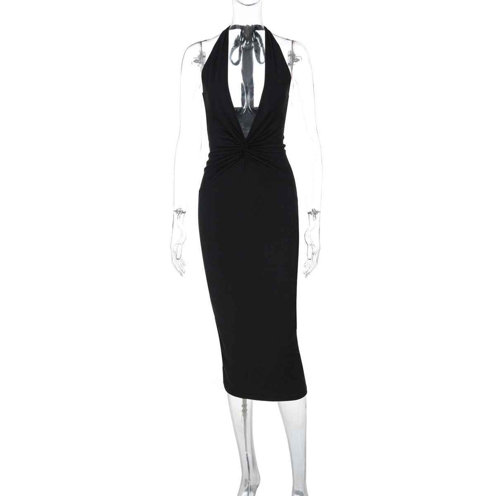Sexy Deep V Plunge neck Sleeveless Solid Color Backless Street Sheath Mid Length Halter Dress Women Clothing