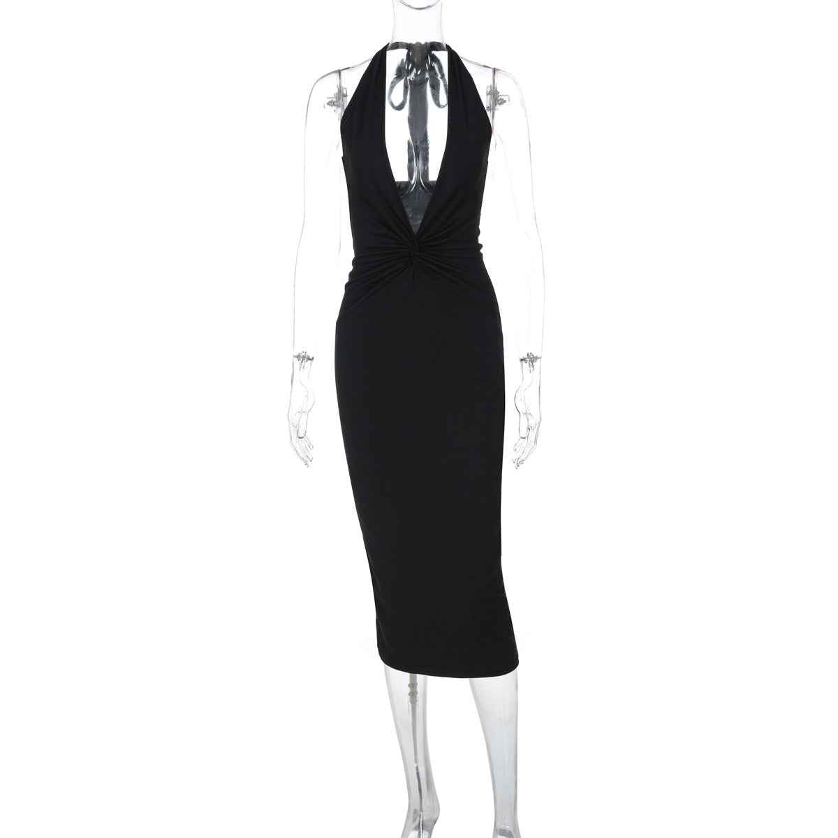 Sexy Deep V Plunge neck Sleeveless Solid Color Backless Street Sheath Mid Length Halter Dress Women Clothing