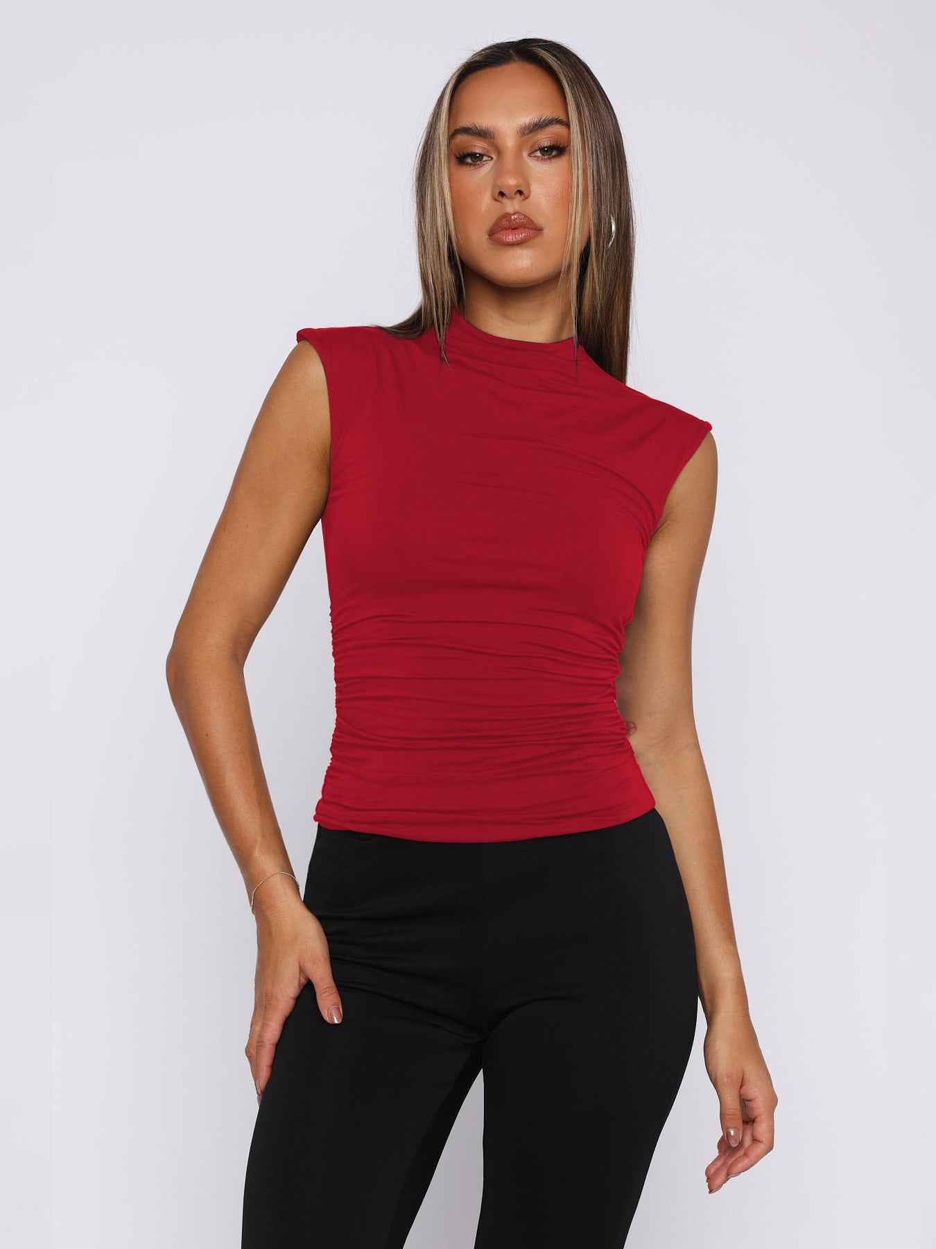Women Clothing Summer Half Turtleneck Solid Color Pleated Slim Sleeveless Simple Comfortable Top Women