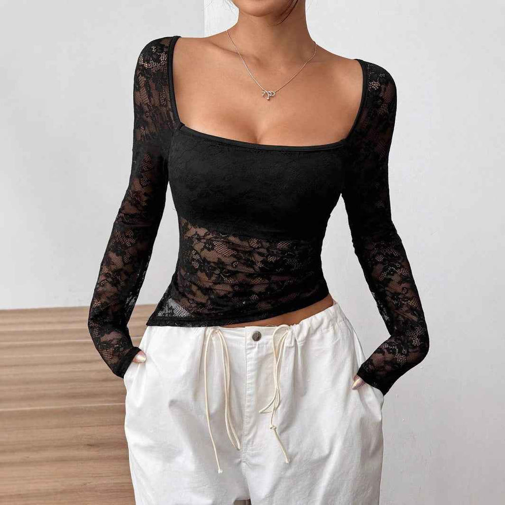 Elegant Women Lace U Collar Asymmetric Hem Design Long Sleeve T Shirt Top Women