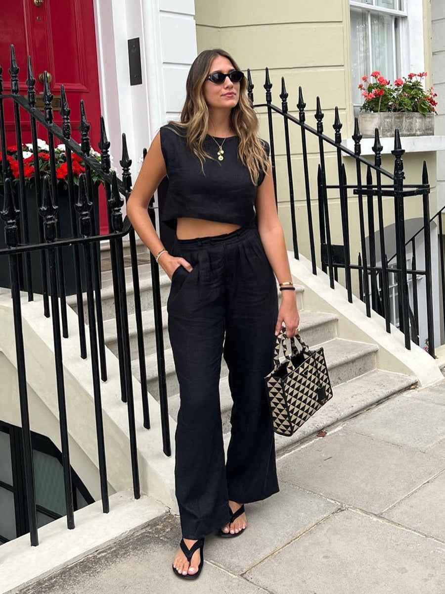 Linen Vest Pants Summer Sleeveless Vest Wide Leg Pants Casual Two Piece Sets