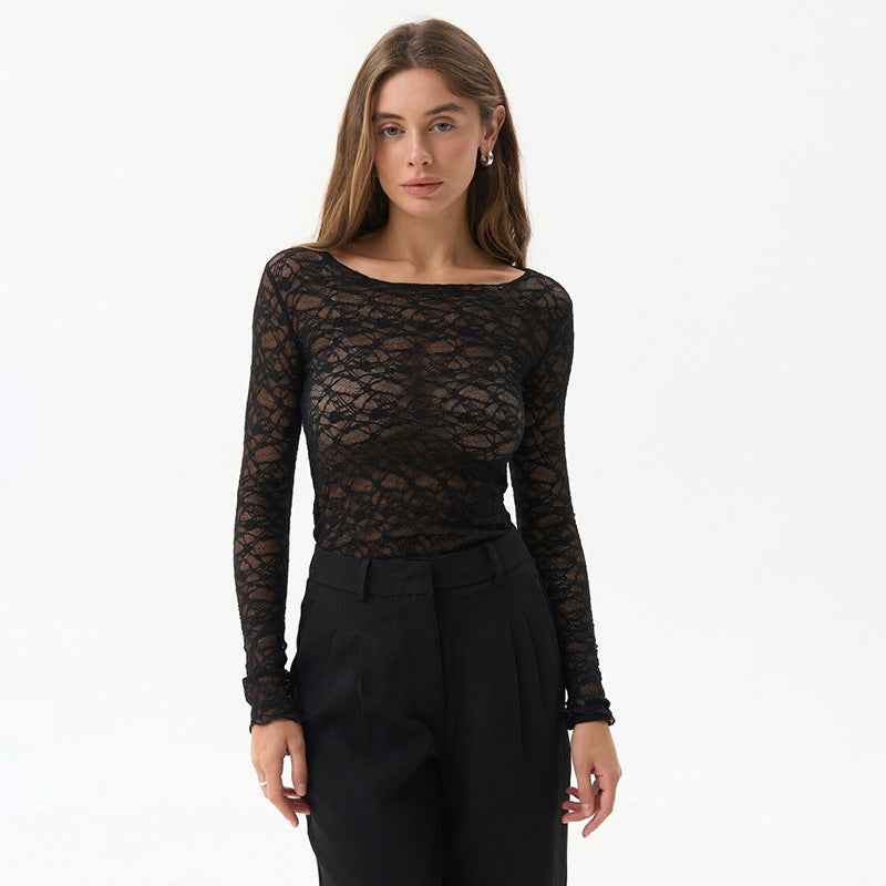 Women Clothing Autumn Winter Lace Transparent Basic Casual Elegant Top Base