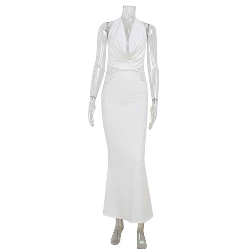 Dress Lace Stitching Elegant Halter V neck Backless Waist Trimming Slimming Fishtail Hip Dress Floor Length Dress