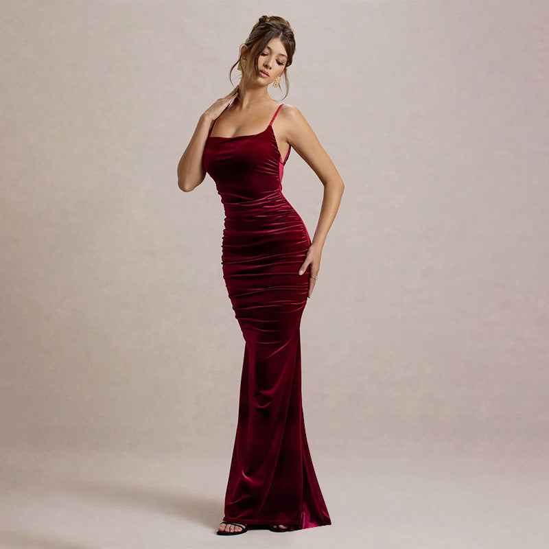 Autumn Socialite Sexy Velvet Pleated Fitted Waist Backless Sling Dress