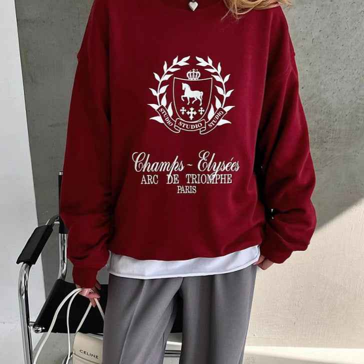 Spring Ankela Red round Neck Women Printed Pullover Sweatshirt Loose Top