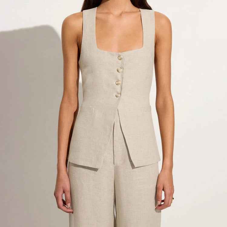 Cotton Linen Women Office Sleeveless Square Collar Lace up Vest Jacket High Waist Wide Leg Pants Two Piece Set