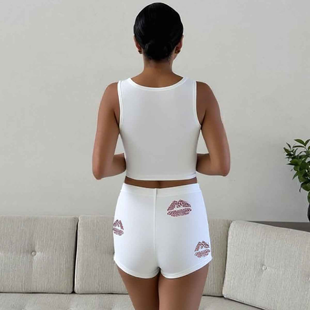 Women Clothing Summer Rhinestone Cropped Vest Slim Sports Leggings Two Piece Sets